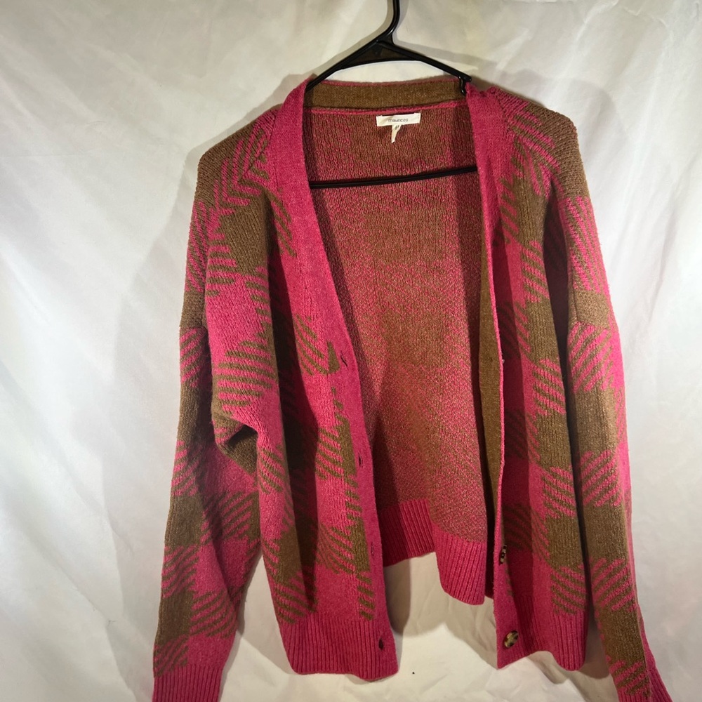 Maurices Pink and Brown Plaid Cardigan